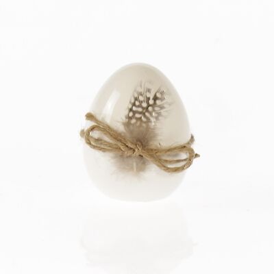 Dolomite egg with feather, 6.5 x 6.5 x 8.5cm, white, 738951