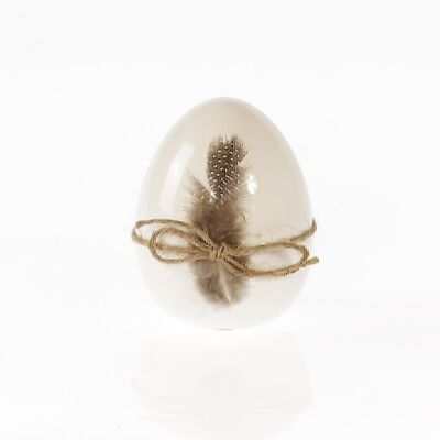 Dolomite egg with feather, 9 x 9 x 11.5cm, white, 738944