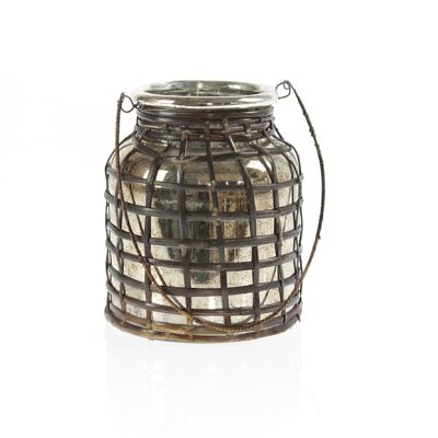 Glass lantern with raffia decor, 19 x 19 x 23cm, antique brown, 737909