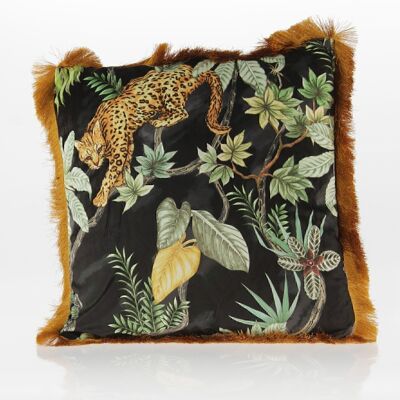 Cuscino in tessuto decorativo leopardo, 45x45 cm, nero con frange, 737732