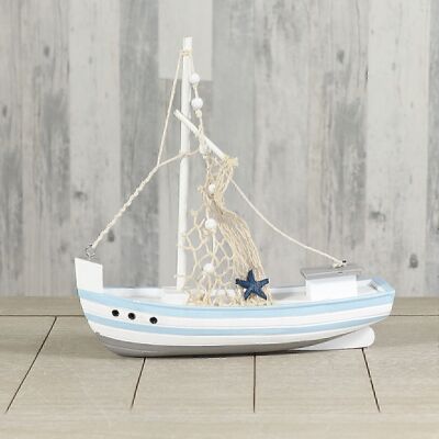 Wooden fishing boat, 29 x 8 x 29 cm, blue/white, 737206