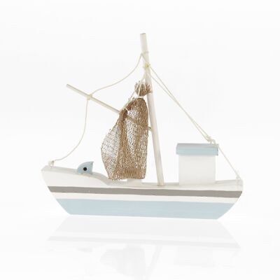 Wooden fishing cutter with net, 24 x 4 x 23 cm, blue/white, 737190