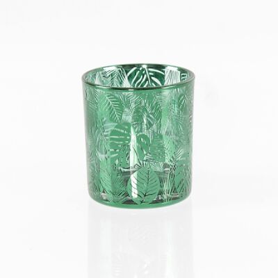 Tea light glass leaf design, 8 x 8 x 8.8cm, green, 736896