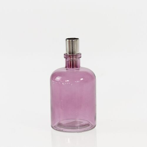 Glas-Kerzenhalter Flasche, Ø 7,5 x 15cm, lila/silber, 731204
