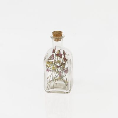 Glass bottle with floral decoration, 6.5 x 6.5 x 13cm, clear, 730993