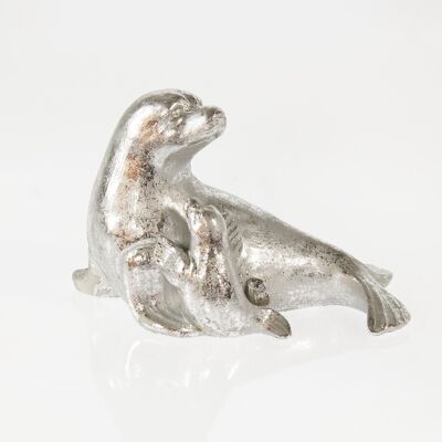 Foca de poliéster madre con niño, 19 x 15 x 28 cm, plata, 729904