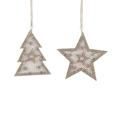 Wooden star/fir sort. for hanging, 14 x 0.5 x 23cm, champagne, 721014