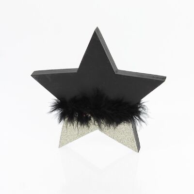 Wooden star with plush to stand, 19.5 x 2 x 21 cm, black/gold, 717734