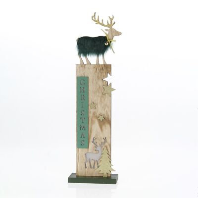 Wooden column illuminated with reindeer, 15 x 7 x 53 cm, green/gold, 716645