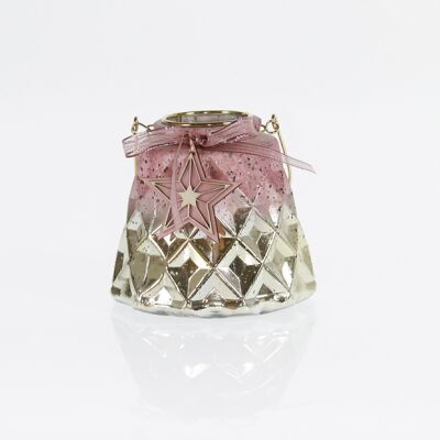 Farolillo de cristal con portavelas, 12,5x12,5x11cm, champán/rosa, 714535