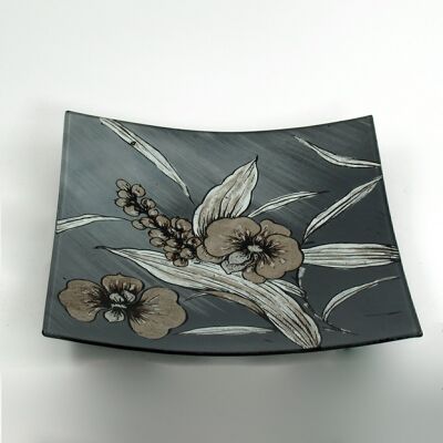 Glass plate quad. Flower design, 28.5 x 28.5 x 4.5 cm, grey, 701337
