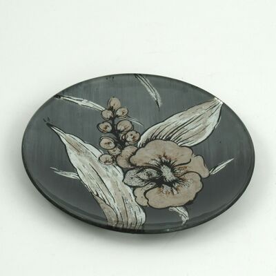Glass plate round flower design, Ø 18.5 x 1.5 cm, grey, 701252