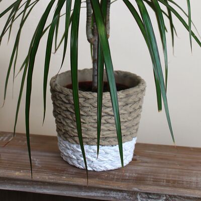 Cement plant pot rattan design, 14.5x14.5x12.5cm, brown/white, 700514