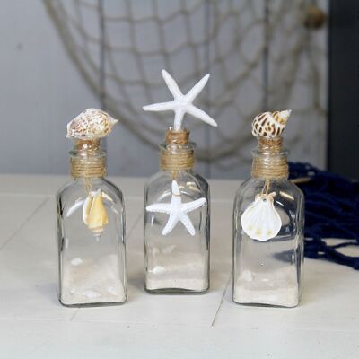 Glass bottle with sand/shells, 3 assorted, 5x5x15cm, blue, 700248
