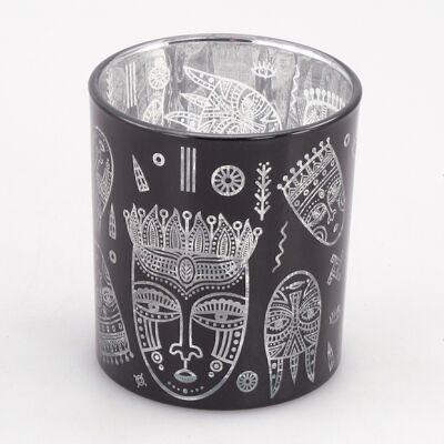 Teelichtglas Afrikamasken, 8 x 8 x 8,8 cm, schwarz, 670879