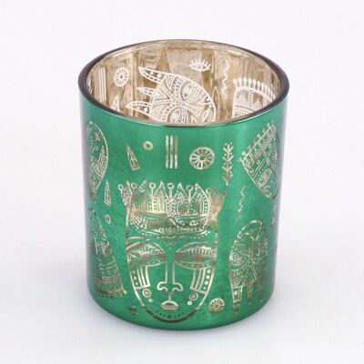Tealight maschere africane in vetro, 6,8 x 6,8 x 7,6 cm, verde/oro, 670831