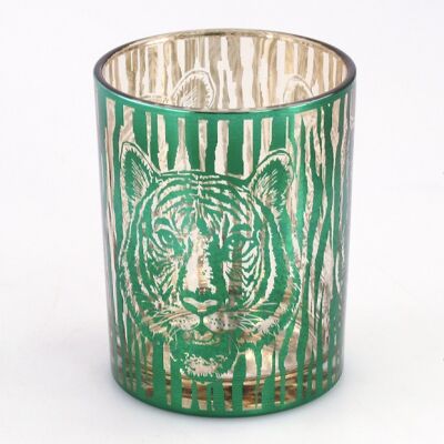 Glass lantern tiger design, 10 x 10 x 12.5 cm, green/gold, 670787