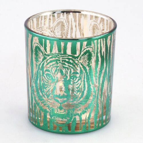 Teelichtglas Tigerdesign, 8 x 8 x 8,8 cm, grün/gold, 670756