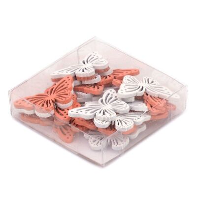Wooden butterfly set, 24 pieces, 4 x 2.5 cm, apricot/white, 666681