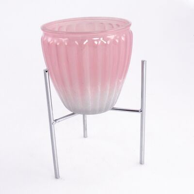 Glass lantern on a metal base, 10 x 10 x 14.4 cm, pink/silver, 658730