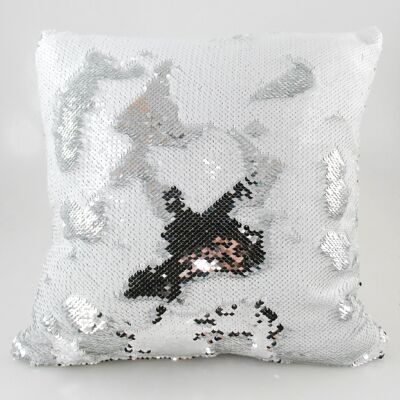 Cuscino in tessuto con paillettes reversibili, 42 x 42 cm, bianco, argento, 651588