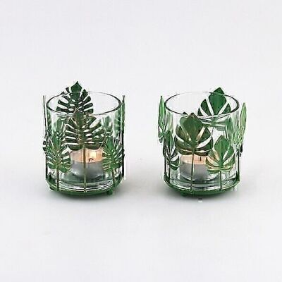 Lantern glass with metal leaves, 7.5 x 7.5 x 9 cm, green, 2-assorted, 630644
