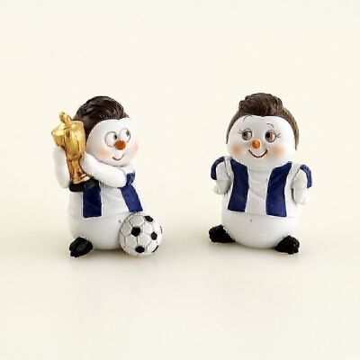 Poly snowman footballer, 4.3 x 6.5 cm, blue/white, 616464