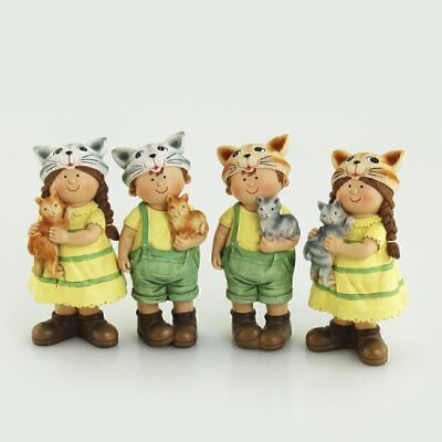 Poly children with cat standing, 5.5x4.5x12.5cm, green/yellow, 549724