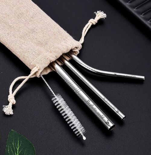 Stainless steel straw (3 pcs) set with clean brush in canvas bag