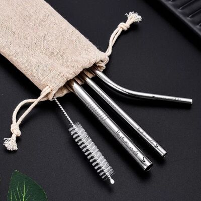 Stainless steel straw (3 pcs) set with clean brush in canvas bag
