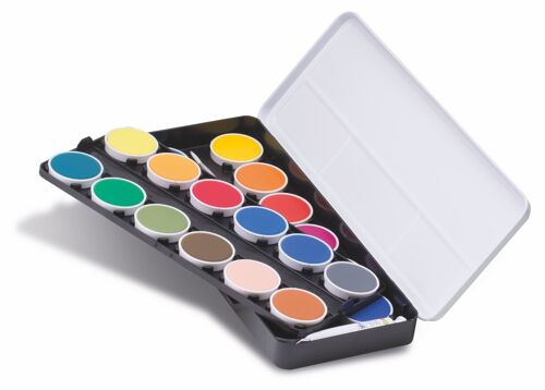 24 fine watercolour tablets diametre 30 mm in removable plastic trays, box with metal lid, 1 brush and 1 white tube 7,5 ml