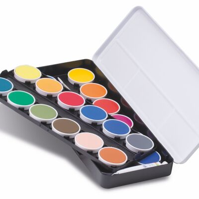 24 fine watercolour tablets diametre 30 mm in removable plastic trays, box with metal lid, 1 brush and 1 white tube 7,5 ml
