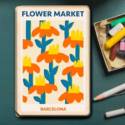 Carte postale en bois ESPAGNE, MARCHÉ AUX FLEURS DE BARCELONE Travel Art Card