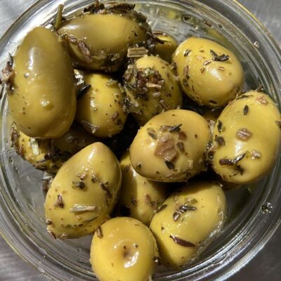 Broken green olives with Provence herbs 90gr glass jar