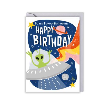 Tarjeta de cumpleaños espacial para niños - extraterrestre