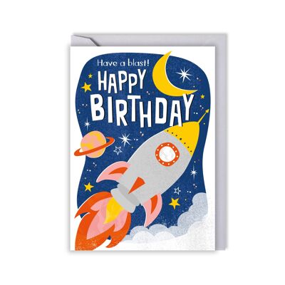 Tarjeta de cumpleaños espacial para niños - cohete