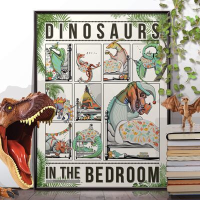 Dinosaurs in bed poster. Dinosaur wall art print.