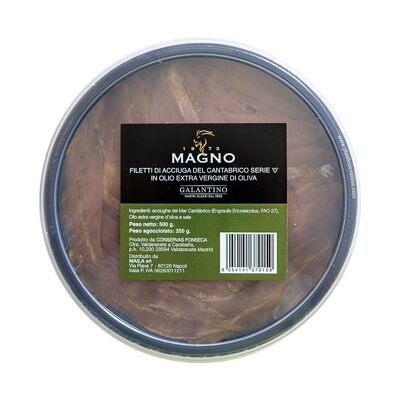 Filetes de anchoa del Cantábrico '0' en aceite de oliva virgen extra de Frantoio Galantino. Formato HoReCa Pack de 500g.