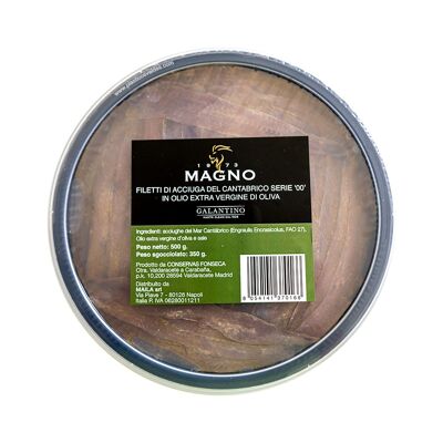 Filetes de anchoa del Cantábrico '00' en aceite de oliva virgen extra de Frantoio Galantino. Formato HoReCa Pack de 500g.