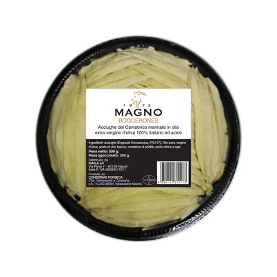 Boquerones Filetti di Acciughe del Cantábrico Extra marinati in olio extra vergine d’oliva del Frantoio Galantino e aceto di vino. Formato HoReCa Confezione da 500g.