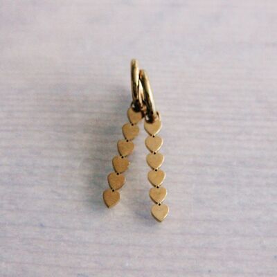 Stainless steel hoop earrings with elongated heart tags - gold