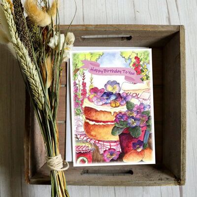 Pansy & Strawberry Cake Birthday Receta Tarjeta de semillas - Regalo de semillas de pensamiento