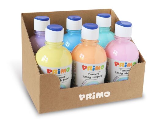 Display containing 6 bottles of 300 ml ready-mix PASTEL poster paint, with flow-control cap.