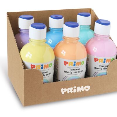 Display containing 6 bottles of 300 ml ready-mix PASTEL poster paint, with flow-control cap.