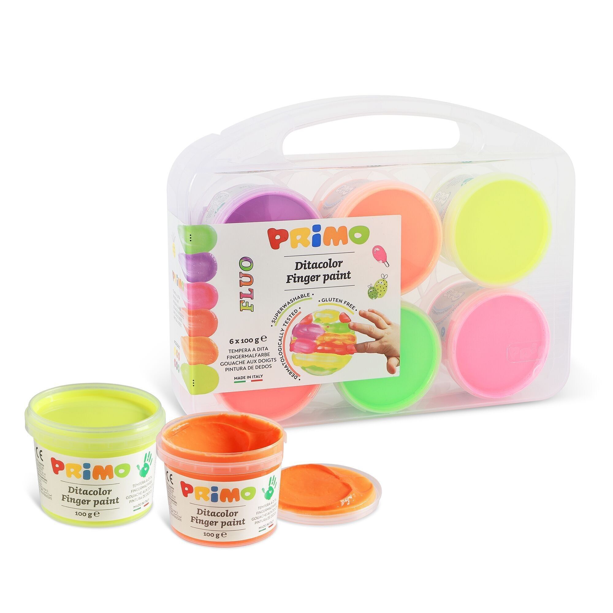 Colori a Dita Fluo in Barattolo, Valigetta Multiuso, 6 Farben, 100 g