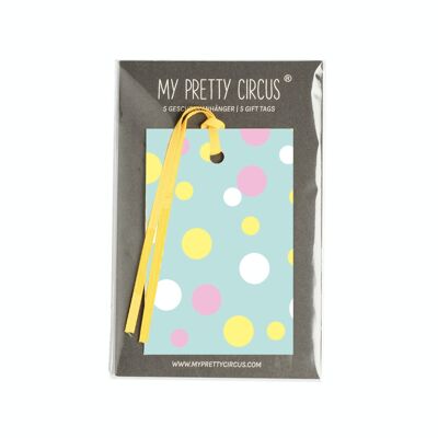Set of 5 eco-friendly gift tags made from recycled paper with a mint green, pink and yellow confetti pattern and matching color reusable grosgrain ribbon