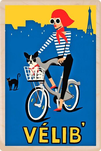 Carte postale en bois VELIB' PARIS Travel Art Card 2