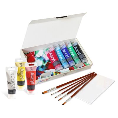 Set artistico con pittura acrilica fine in tubetti da 75 ml, 8 colori, 1 tavola telata 18x24 cm, 5 pennelli: tondi 5, 8; appartamento 6, 10, 18