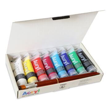 Coffret d'art avec peinture acrylique fine en tubes de 75 ml, 8 couleurs, 1 carton toilé 18x24 cm, 5 pinceaux : rond 5, 8 ; appartement 6, 10, 18 2