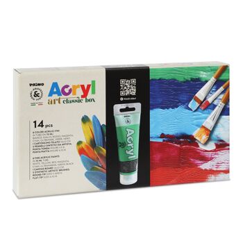 Coffret d'art avec peinture acrylique fine en tubes de 75 ml, 8 couleurs, 1 carton toilé 18x24 cm, 5 pinceaux : rond 5, 8 ; appartement 6, 10, 18 4